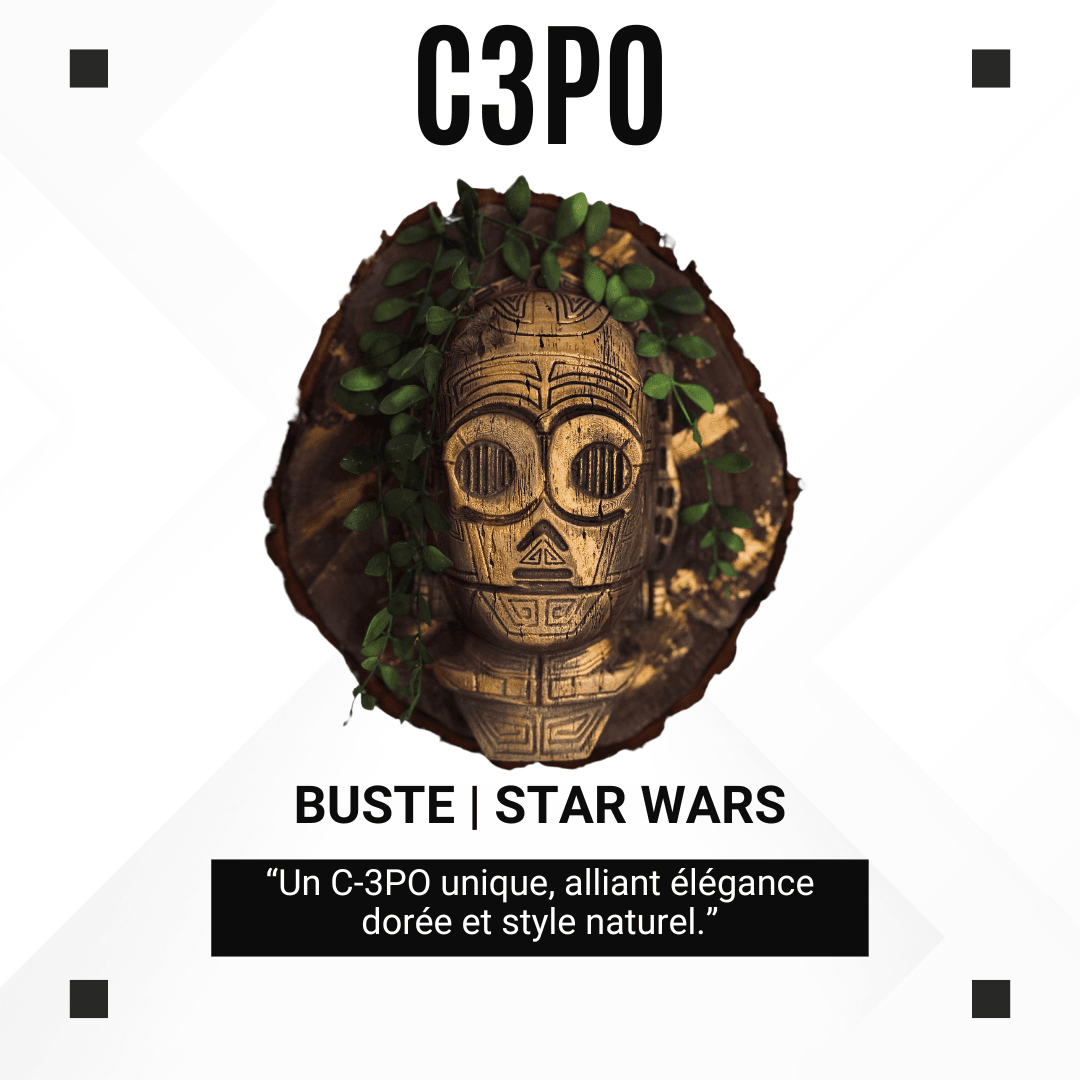 Tête de C-3PO Star Wars en style sculpture sur bois – 30 cm – Fait main
