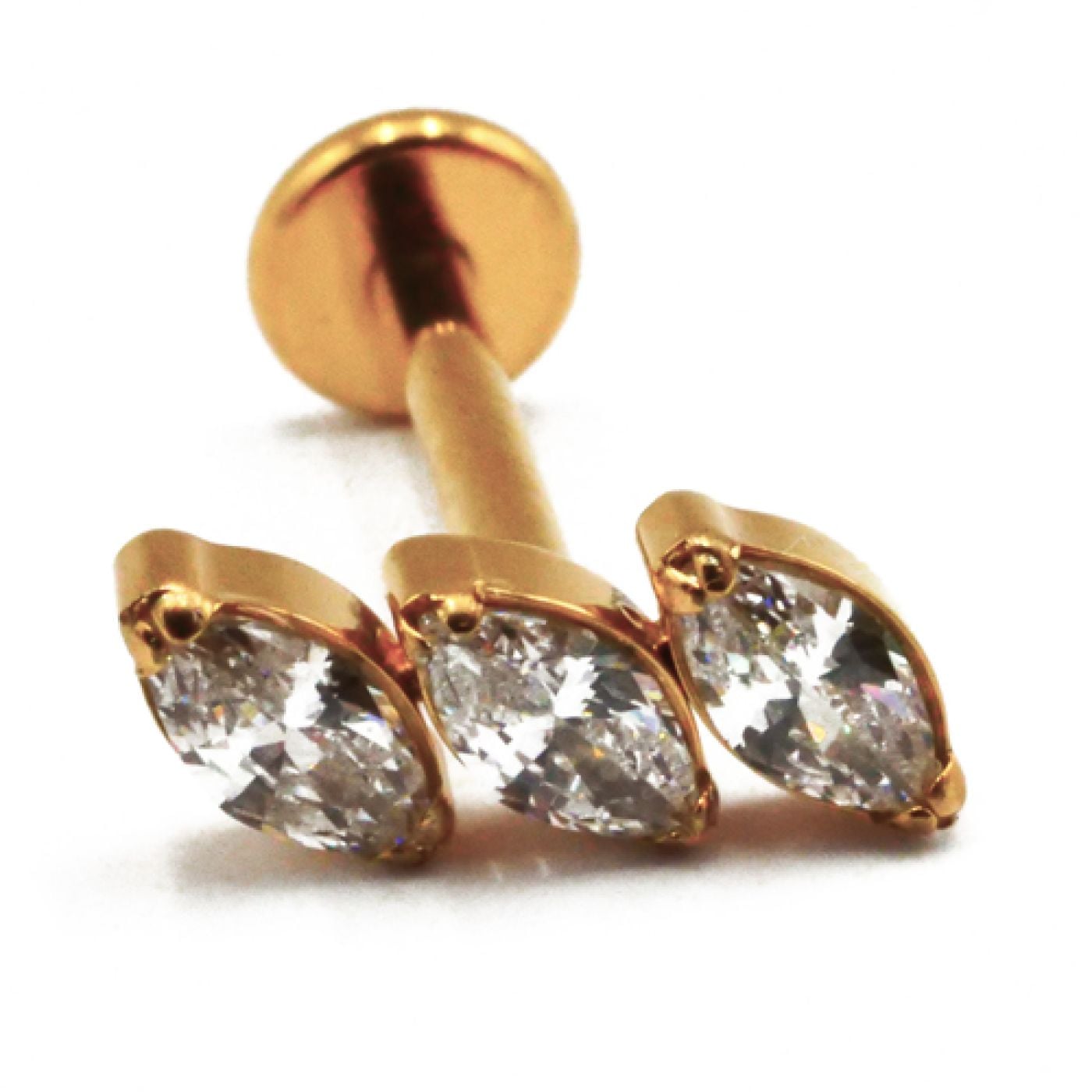 Labret Titane PVD Gold Filetage Interne Stérile motif Marquise 3 Strass Diagonal ITC