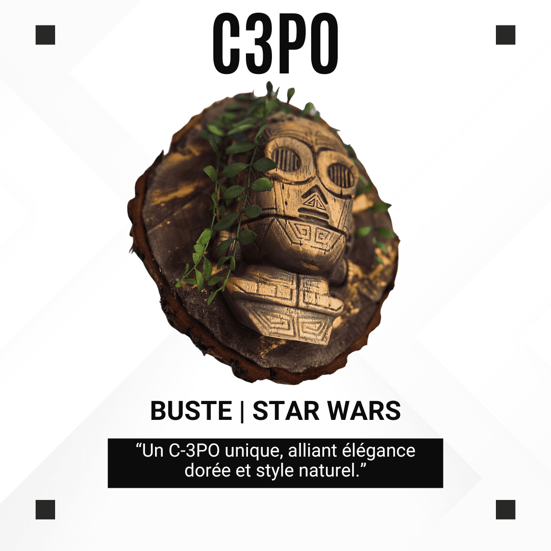 Tête de C-3PO Star Wars en style sculpture sur bois – 30 cm – Fait main – photo 3
